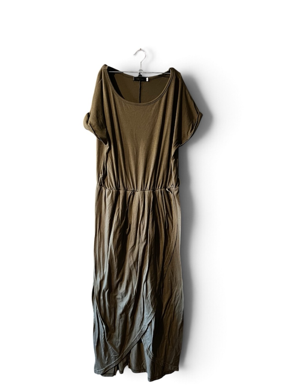 Olive Green Faux Wrap Midi Maxi Short Sleeve Dress